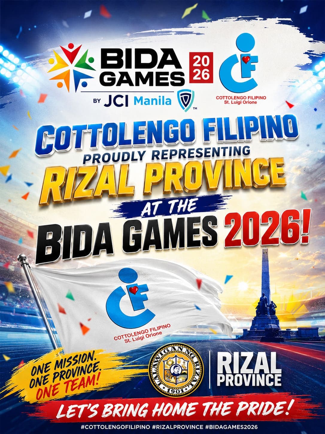 A graphic announcing Cottolengo Filipino representing Rizal Province at BIDA Games 2026.