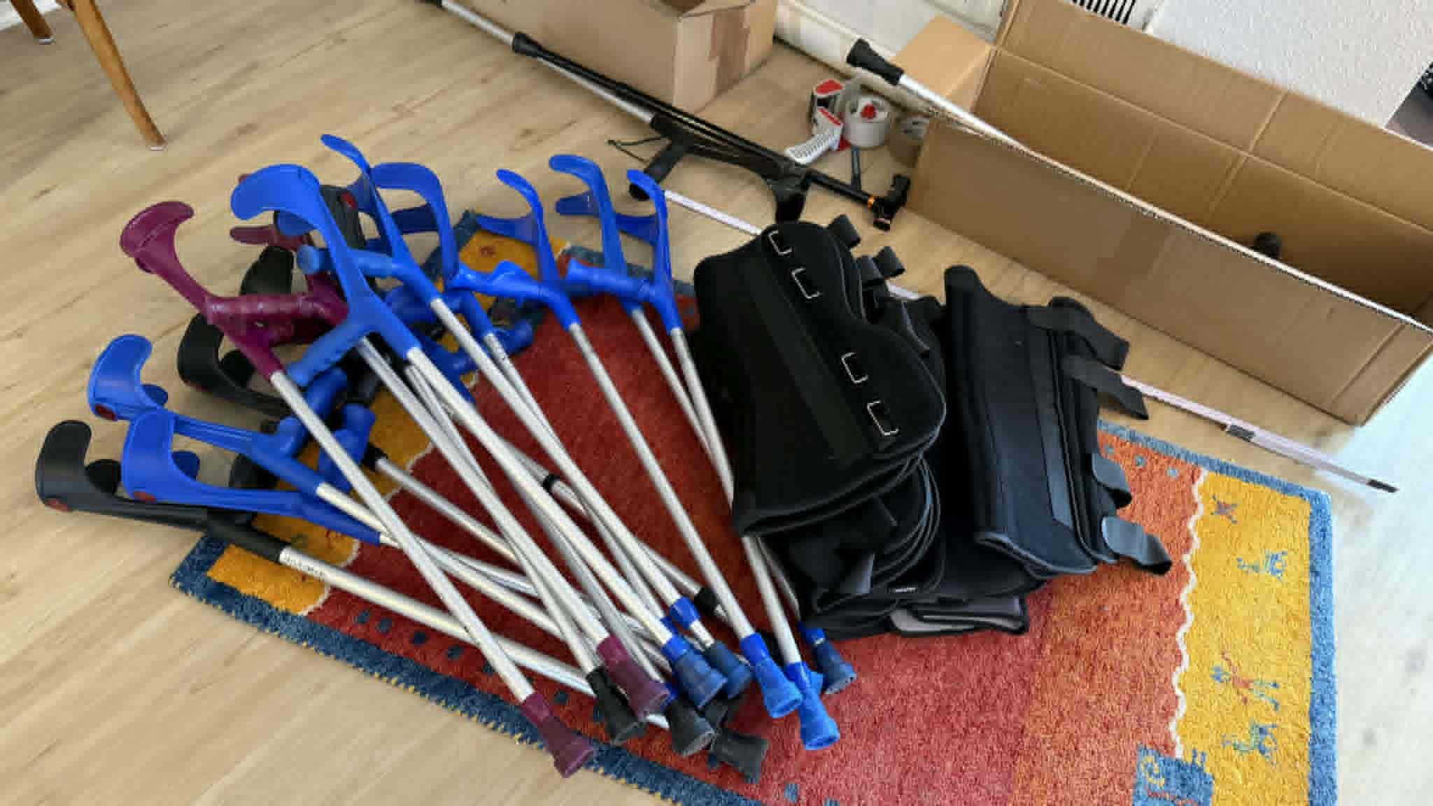 Crutches and knee braces donated from Kiel, Germany, ahead of BIDA Games 2026.