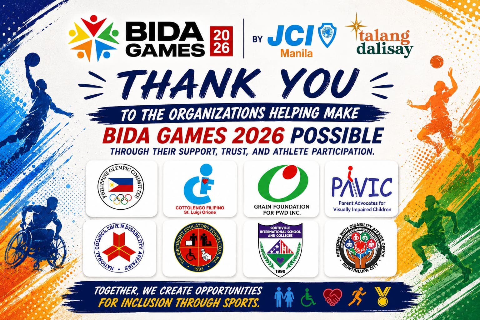 A thank-you graphic listing the organizations supporting BIDA Games 2026.